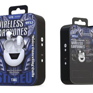 Black and white T-36S TWS Wireless Headset with Bluetooth 5.3, noise-cancelling technology, and ergonomic design for music, calls, and gaming