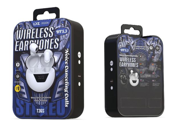 Black and white T-36S TWS Wireless Headset with Bluetooth 5.3, noise-cancelling technology, and ergonomic design for music, calls, and gaming