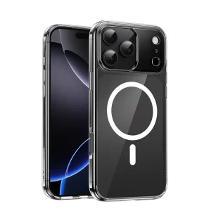 Two clear iPhone cases with MagSafe compatibility displayed on a white background, showcasing their transparent design, reinforced edges, and magnetic ring feature