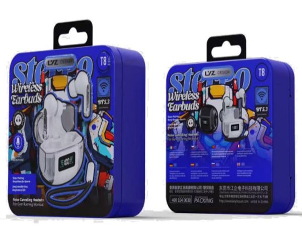 Retail packaging of Stereo Wireless Earbuds T8 in vibrant blue, featuring a stylized earbud graphic, Bluetooth 5.3, and noise-canceling features, designed for sports and workouts