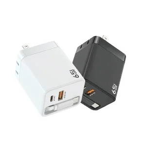Compact 65W wall chargers in black and white with USB-C and USB-A ports, featuring fast charging and a retractable USB-C cable