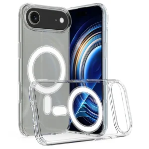 Clear smartphone case with MagSafe compatibility, featuring a white magnetic ring, textured side grips, and precise camera cutouts, displayed with a phone inside and a second case on a light grey background