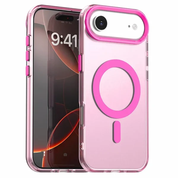 Clear pink-tinted MagSafe phone case showcasing front and back views of a smartphone, highlighting raised edges, button covers, and MagSafe compatibility