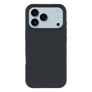 Top-down view of an iPhone 17 Pro Max in a sleek, dark silicone case with a matte finish, showcasing the triple-lens camera module against a white background
