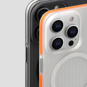 Two iPhone cases displayed on a light grey background, one with a vibrant orange border and white MagSafe back, and the other fully transparent, showcasing their protective and stylish designs