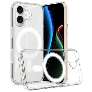 Clear iPhone case with MagSafe compatibility displayed at various angles, showcasing its transparent design, raised edges, and magnetic ring feature