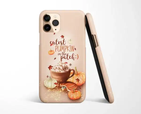 iPhone 15 Pro case with pumpkin patch design, featuring fall leaves, pumpkins, and latte art