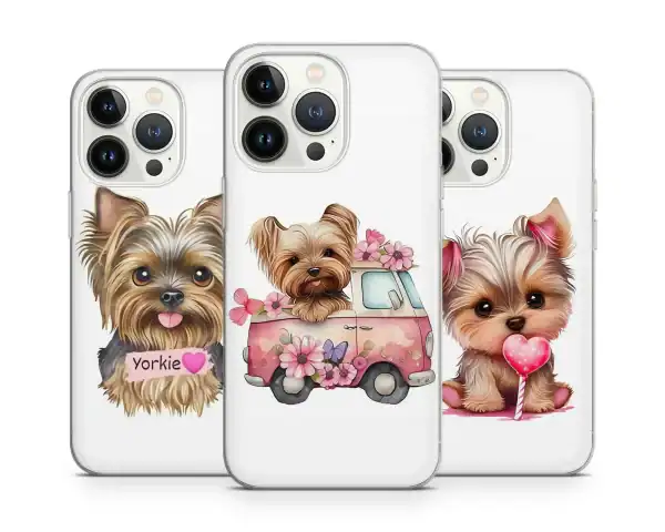 Set of iPhone 15 Pro cases with cute Yorkie puppy designs, protective and stylish phone covers