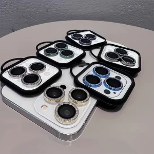 A collection of camera glass protectors with rhinestone bezels, designed for triple-lens iPhone Pro models.