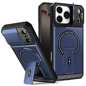 Blue MagSafe shockproof iPhone case with sliding camera cover and built-in kickstand